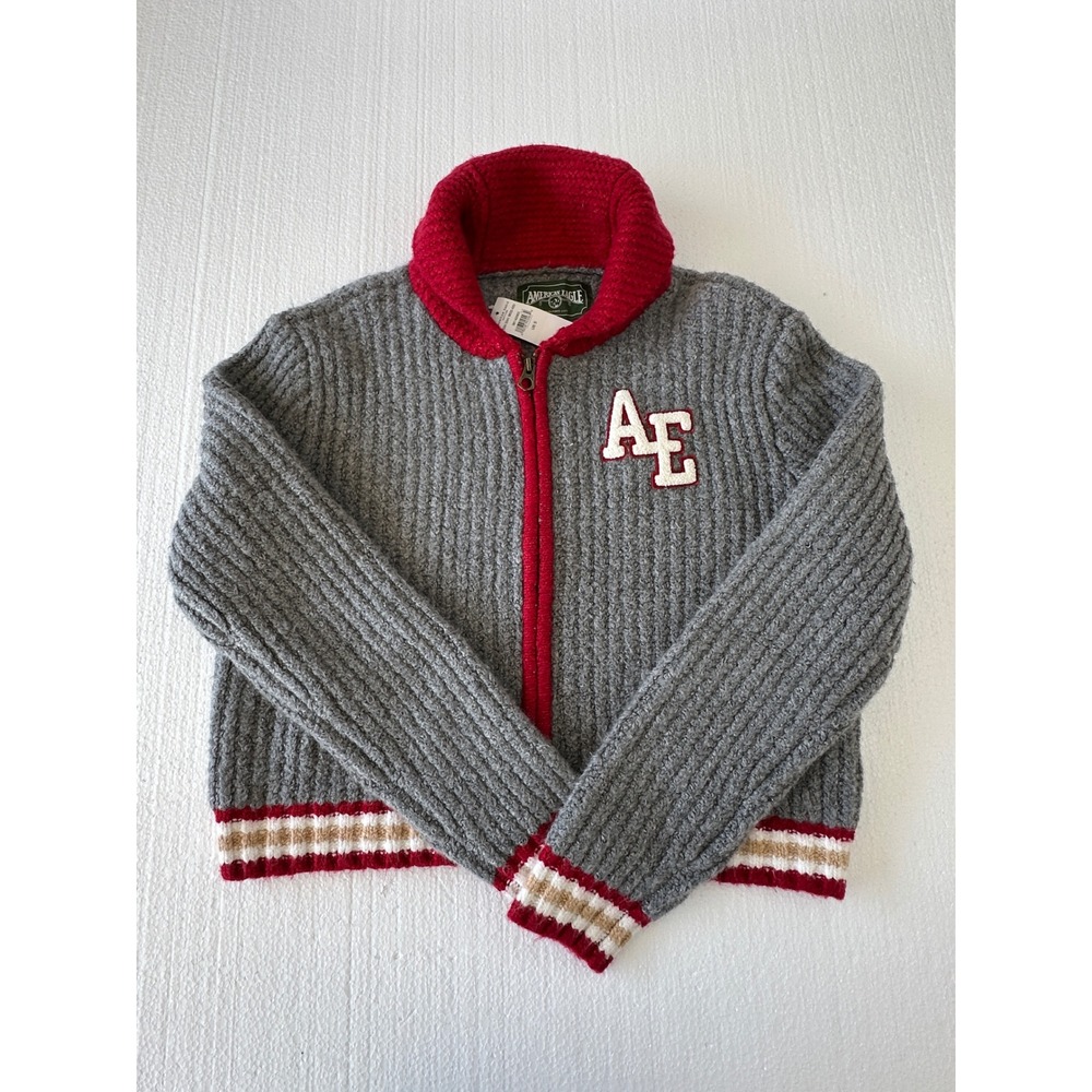 American Eagle Outfitters Cardigan Sweater Gray Red S Full Zip Varsity Academia